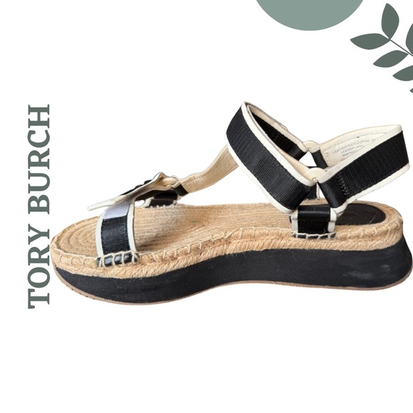 Tory Burch Black White Tan Espadrille Platform Sandals Velcro Closure Size 10 - Picture 6 of 10